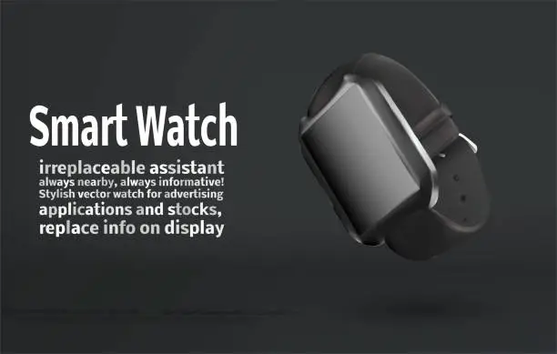 Vector illustration of modern smart watch on a dark background with place for advertising text