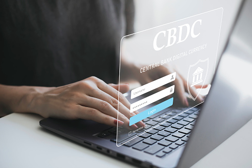 CBDC Central Bank Digital Currency Concept. Digital money. Login to financial system for security. Data protection. Security internet access. Password.