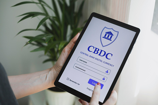 CBDC Central Bank Digital Currency Concept. Digital money. Login to financial system for security. Data protection. Security internet access. Password.