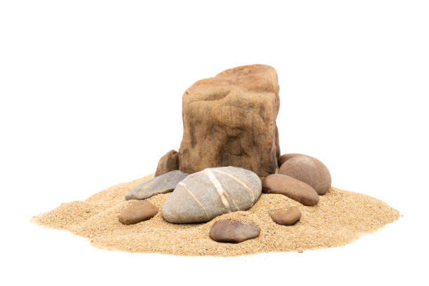 Rocks in sand pile isolated on white background and texture