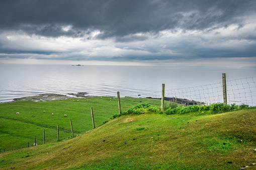Scenic coastline in the Isle of Skye, Scotland with fence on horizon on hill overlooking the ocean.