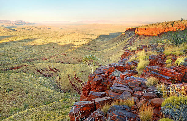 Desert Rocks Pilbara Region Australia Red rocks pictured in Karajini National Park, Western Australia. This vantage point is about 5 km south from Mt Sheila the pilbara stock pictures, royalty-free photos & images