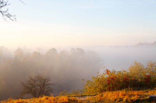 Morning autumn landscape with fog on river, nature