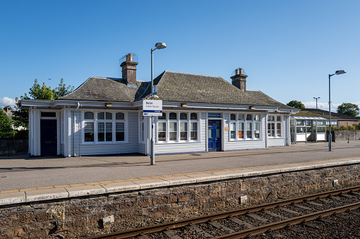 1 August 2023.Nairn,Highlnads,Scotland. This is the Mens Shed at Nairn Railway Station on a sunny summer day.