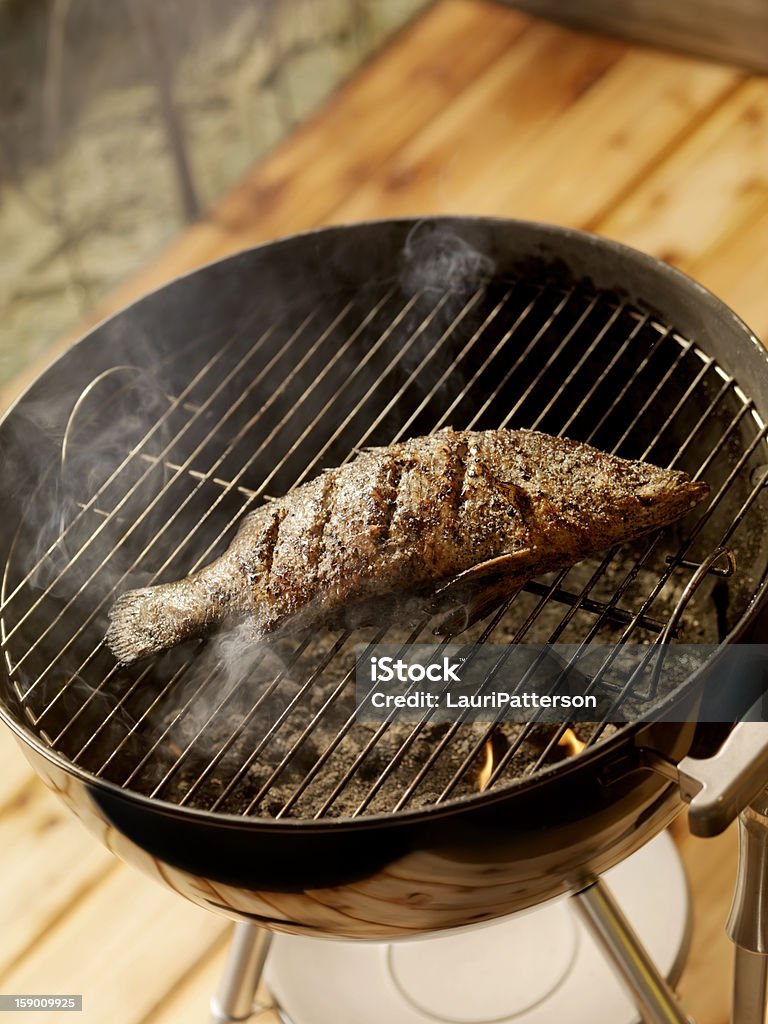 고기잡이 한 목탄색 바비큐 (영국농어 - 로열티 프리 0명 스톡 사진