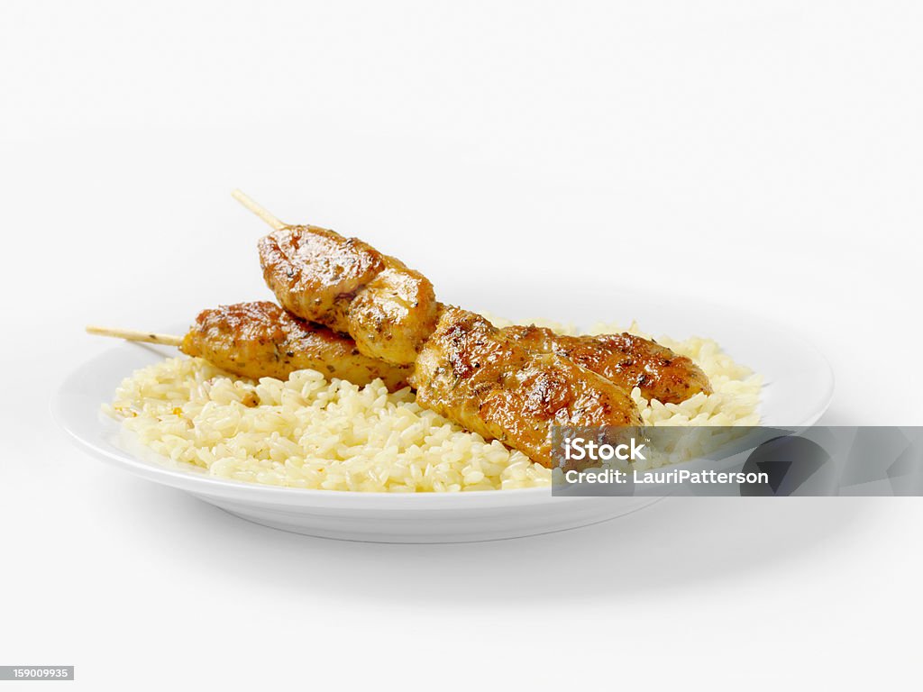 Hühnchen-Souvlaki Spieße auf Reis - Lizenzfrei Ansicht aus erhöhter Perspektive Stock-Foto