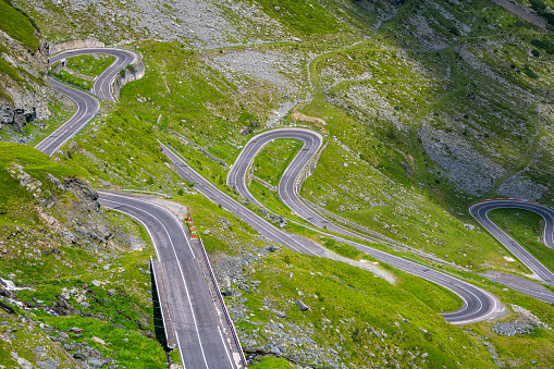 Winding mountain road. One of the most beautiful road in Europe. Popular travel destination. The Transfogarasan Road, Romania.