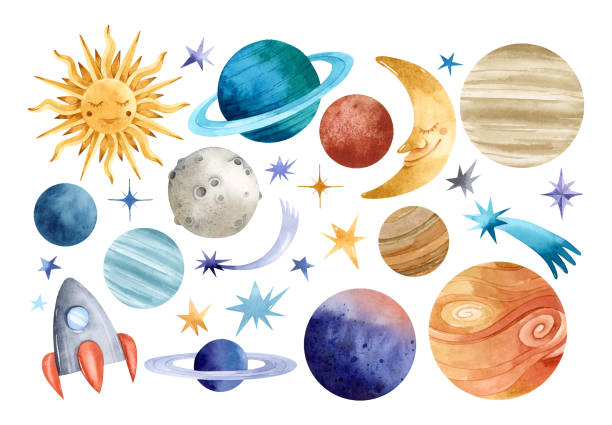 Watercolor planets, sun, moon, space ship and stars elements set Watercolor seamless pattern with colorful planets, moon, sun, falling stars, stars, spaceship solar system drawing pictures stock illustrations