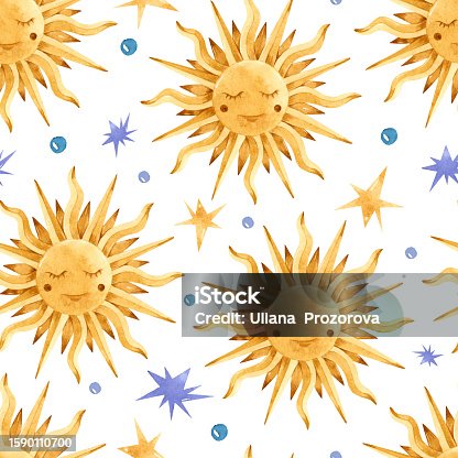istock Watercolor sun and stars seamless pattern wallpaper 1590110700