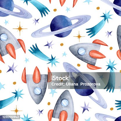 istock Space ship, planet and falling star watercolor seamless pattern 1590115942
