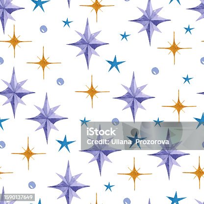 istock Yellow, purple and blue stars with dots watercolor seamless pattern 1590137649