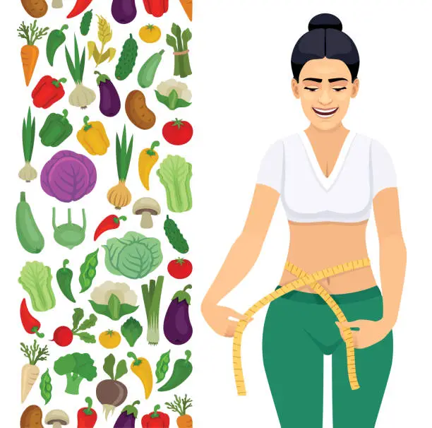 Vector illustration of Fit Woman and Vegetables. Young Woman measuring her waist. Vegetables Seamless Pattern. Healthy food. Natural Product. Organic vegetables. Beautiful Woman.