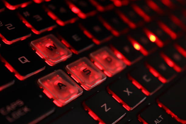 istock Gaming keyboard with red backlights and all black keys except the WASD key which are in white color 1590138128