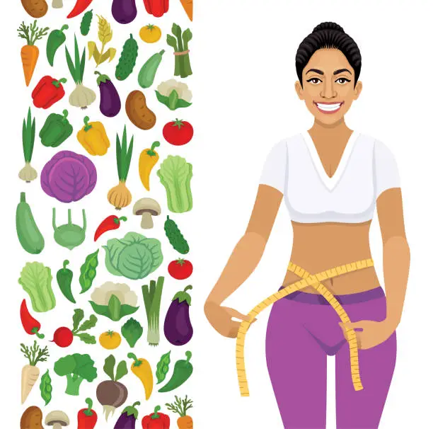 Vector illustration of Fit Woman and Vegetables. Young Indian Woman measuring her waist. Vegetables Seamless Pattern. Healthy food. Natural Product. Organic vegetables. Beautiful Woman.