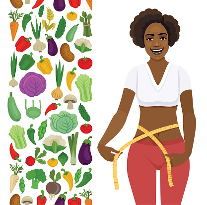 Fit Woman and Vegetables. Young African American Woman measuring her waist. Vegetables Seamless Pattern. Healthy food. Natural Product. Organic vegetables. Beautiful Woman.