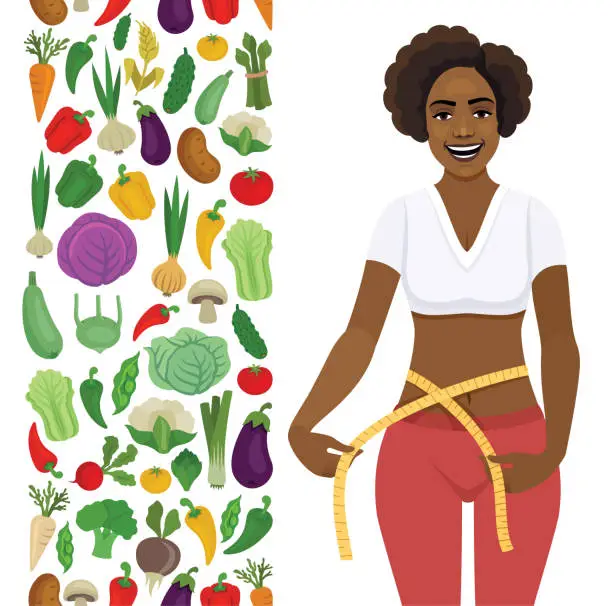 Vector illustration of Fit Woman and Vegetables. Young African American Woman measuring her waist. Vegetables Seamless Pattern. Healthy food. Natural Product. Organic vegetables. Beautiful Woman.