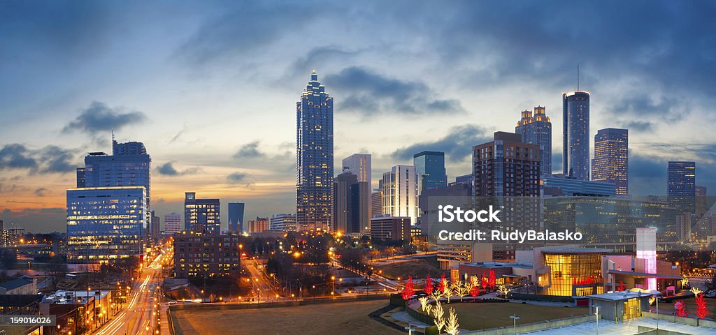 Cityscape of Atlanta at sunset Panoramic image of the Atlanta skyline during sunrise. This is composite of two horizontal images stitched together in photoshop.  Atlanta - Georgia Stock Photo
