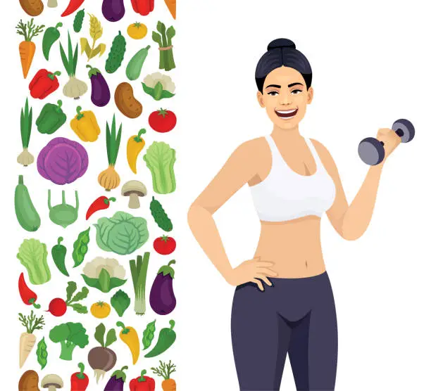 Vector illustration of Women losing weight. Eating healthy food. Vegetarian, vitamins, natural and fresh food.