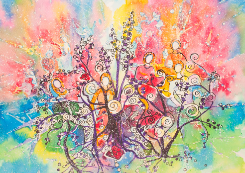 Watercolor and ink expressionist painting on paper of a group of women sharing their wisdom and experience in the  foreground and ethereal background.