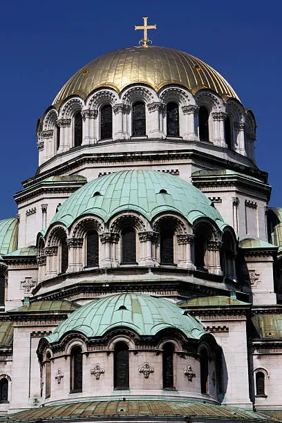 Three domes of the Alexander Nevski church in Sofia,Bulgaria, during a sunny day