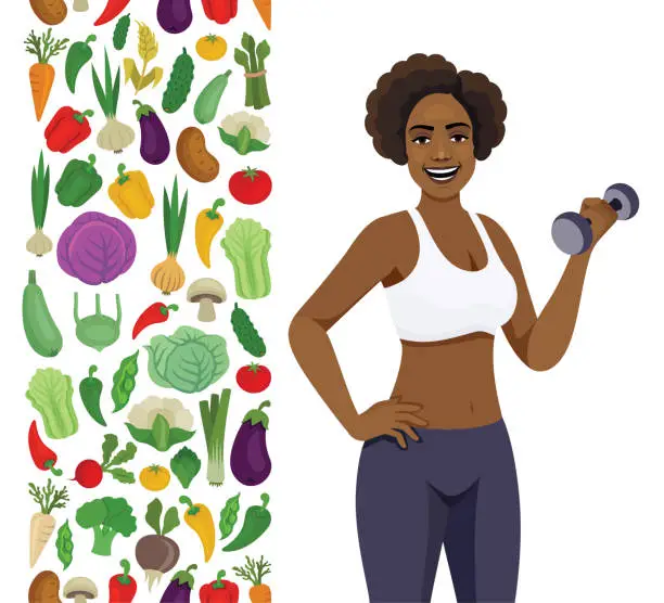 Vector illustration of African American Women losing weight. Eating healthy food. Vegetarian, vitamins, natural and fresh food.