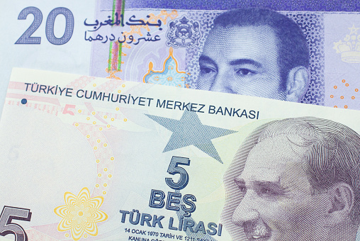 A macro image of a purple and white twenty dirham bank note from Morocco paired up with a purple, five lira bank note from Turkey.  Shot close up in macro.