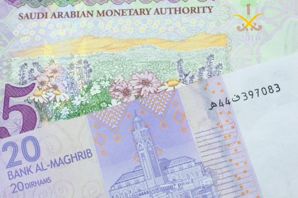 istock A purple and white twenty dirham bank note from Morocco paired with a colorful, five riyal bank note from Saudi Arabia. 1590200673