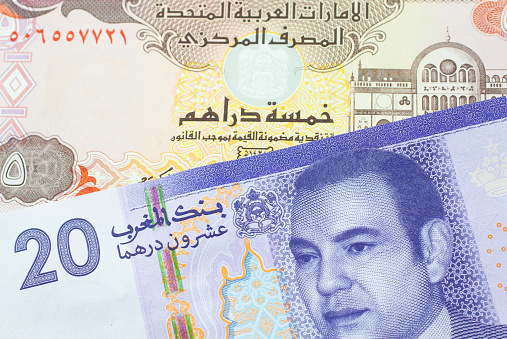 A macro image of a purple and white twenty dirham bank note from Morocco paired up with a colorful five dinar bank note from the United Arab Emirates.  Shot close up in macro.