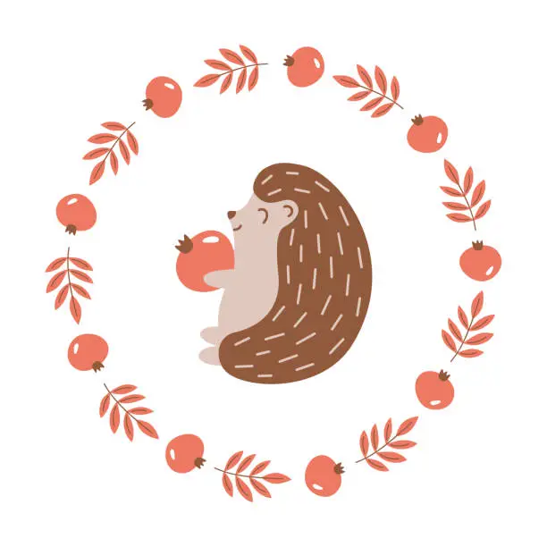 Vector illustration of Autumn floral frame. Fall or woodland animals theme decoration. Round frame with cute hedgehog holding red berry in paws.