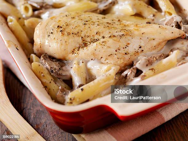 Creamy Baked Chicken Mushroom And Penne Casserole Stock Photo - Download Image Now - American Culture, Baked, Bechamel Sauce
