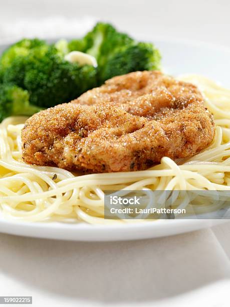 Breaded Chicken With Spaghetti And Broccoli Stock Photo - Download Image Now - Fritter, Baked, Breaded