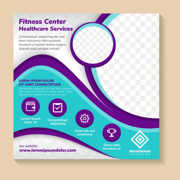 Vector illustration of fitness center for healthcare solutions square banner design template