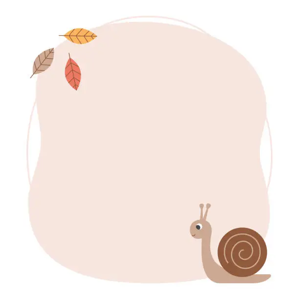 Vector illustration of Card or frame template for kids with cute snail and fall leaves. Autumn or woodland theme. Perfect for baby shower, school or birthday party and invitations.