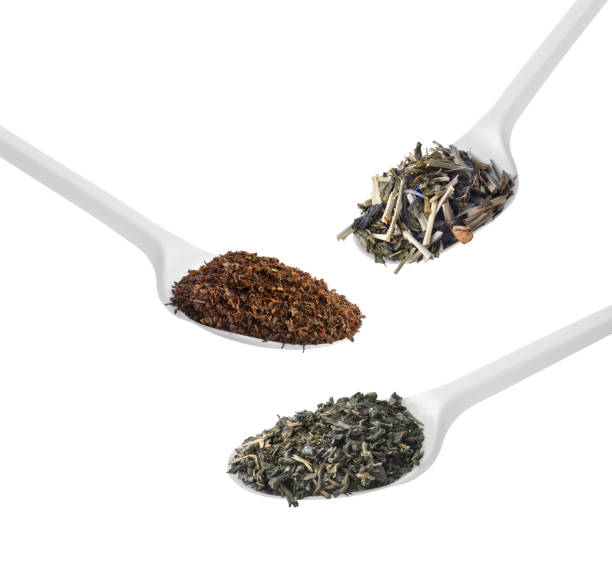 istock Different types of tea on plastic spoons close up isolated on white background 1590241066