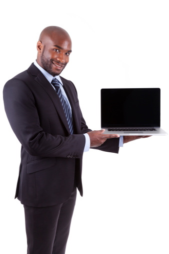 African Amercian business man showing a laptopn screen, isolated on white background