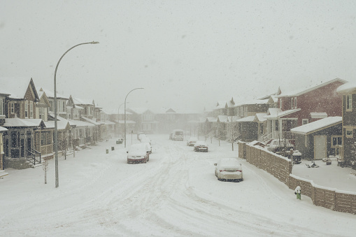 A blizzard blasts through a residential neighborhood in Calgary, Alberta, Canada. Cars and houses are covered in a thick blanket of snow and the visibility is low.