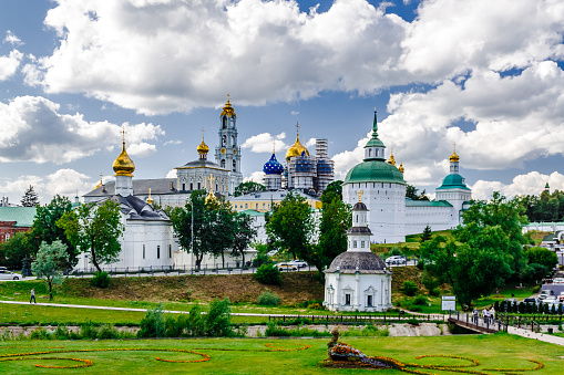 Sergiev Posad, Moscow region, Russia - July 3, 2023: Golden Ring of Russia. Beautiful scenic view of old city of Sergiev Posad in summer. Landscape, scenery of Trinity Lavra, St Sergius monastery in Sergiyev Posad town.