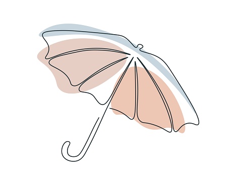 One line drawing open umbrella. Umbrella silhouette in single continuous line. Flat minimalistic color design. Vector illustration isolated on white background.