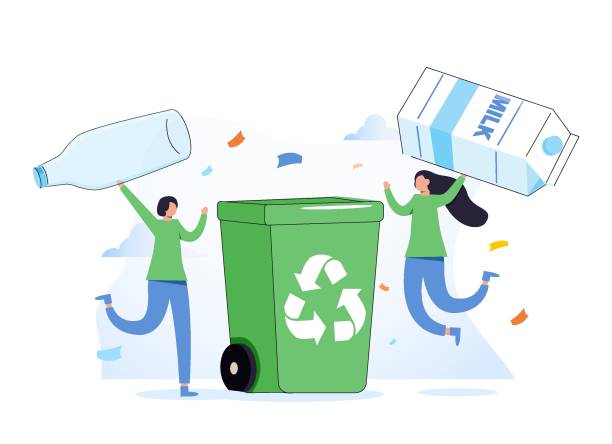 istock Sustainable lifestyle set. People collecting plastic trash into recycling garbage bin, trying to save planet earth 1590271863
