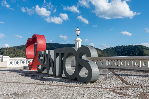 Santos, Brazil. August 10, 2022: I love the city of Santos. Red heart. Sculpture. Tourist attraction to take pictures by the sea, including the city landmark wall.