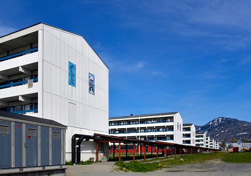 Nuuk / Godthåb, Sermersooq, Greenland: large public social housing estate in the city center - Greenland's economy is highly subsidized by Denmark. The Danish budget provides Greenland with an annual block grant that accounts for approximately 20 percent of Greenland's GDP and more than half of the public budget.