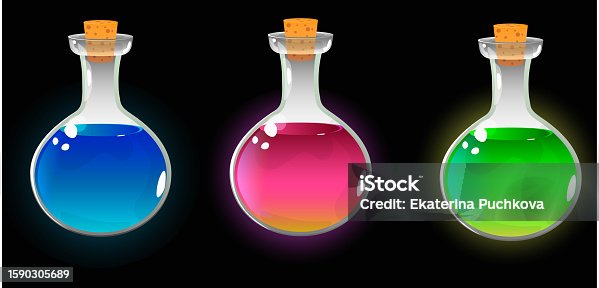 istock Magic potions set, poison in a bottle. Magic elixir game icon, skull and bones. Design elements, vector illustration. 1590305689