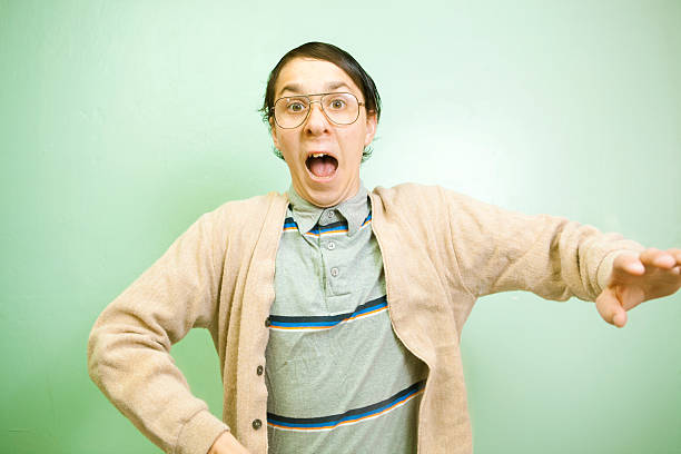 istock Excited nerd who is frightened or caught off guard 159030636