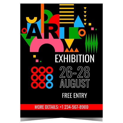 Art exhibition colourful poster with geometric shapes and decorative abstract elements. Vector illustration for museum exposition, photo and painting gallery, famous artists collections fair.