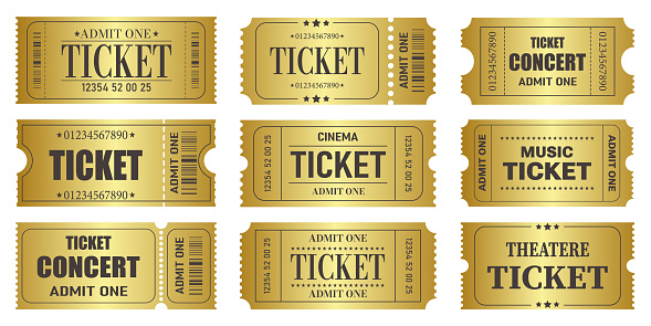 Vector set of admit one tickets template. Golden ticket for cinema,movie,circus,theatere,film,festival,casino,club,music etc. Event admission, entrance pass set .Vector