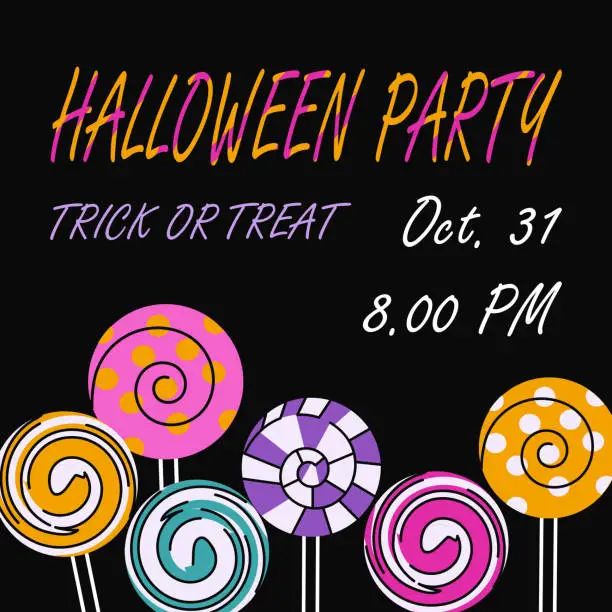 Vector illustration of Halloween party poster with striped lollipops vector illustration