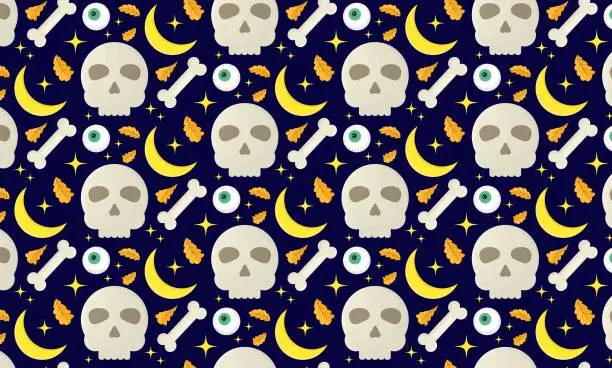 Vector illustration of Happy Halloween. Bones and skull pattern, eyeball and moon. Spooky seamless pattern
