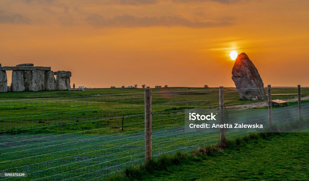 Popular grassland in Wiltshire.Sunset over Stonehenge 2019,sunset Amesbury - England Stock Photo