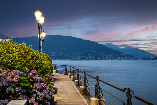 Italy, Piedmont : walk by night, along Lake Maggiore, in Baveno, in Northern Italy, great lakes region.