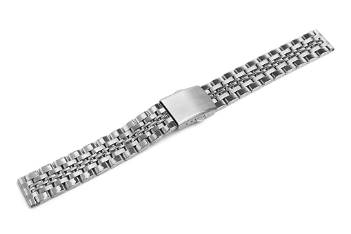 Stainless steel watch band on white background